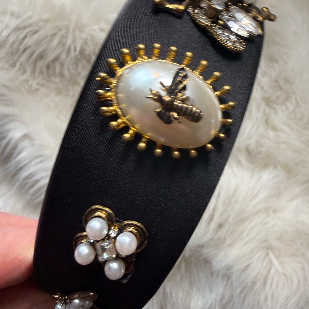 Bee pearl Headband black baroque inspired faux pearls gold tone Victorian *flaw - Picture 16 of 17